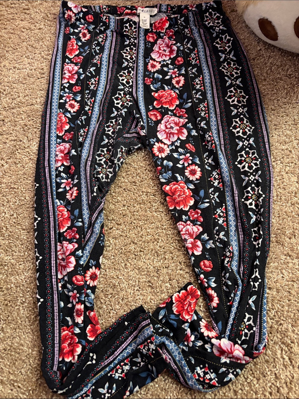 Floral Striped Harem Pants - Black with Red & Blue Flowers
